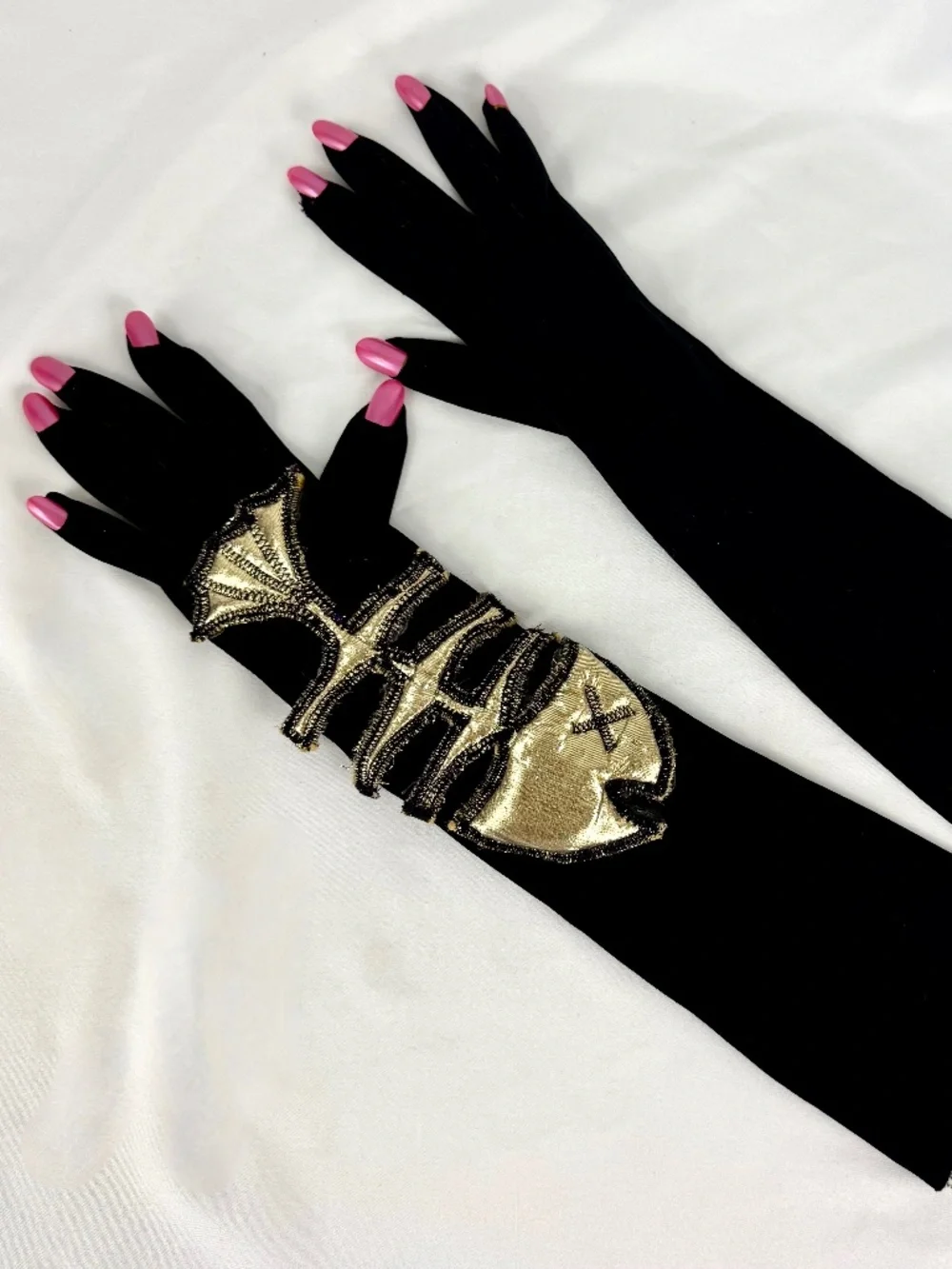 Halloween Costume Black Gloves w Pink Fake Nails Fish Bones Skeleton Flawed